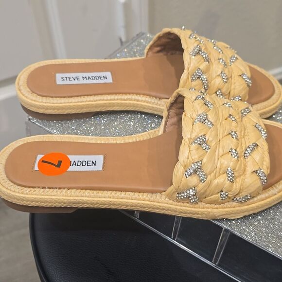 Steve Madden Alibi Rhinestone Slide Sandal- Natural Raffia - Picture 12 of 14